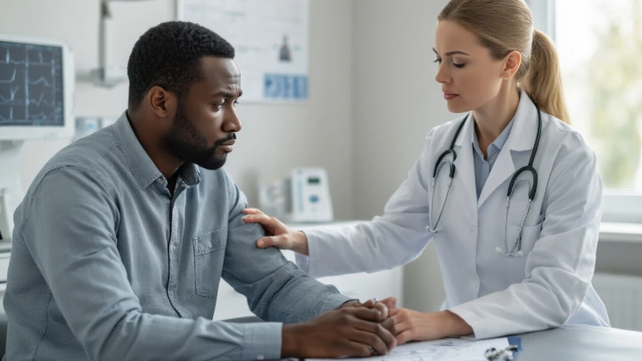 Doctor consulting with a concerned patient about possible medical causes of constant fatigue and the need for diagnostic testing.