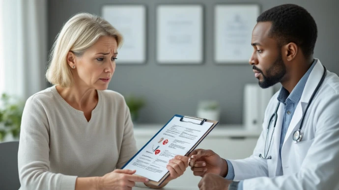 Doctor reviewing a medical report with a patient during evaluation for fatigue, blood sugar imbalance, or related health issues.