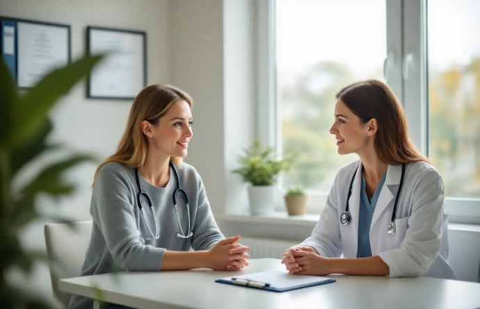 Friendly consultation between patient and healthcare professional at a diagnostic center, highlighting trusted care and clear medical guidance.